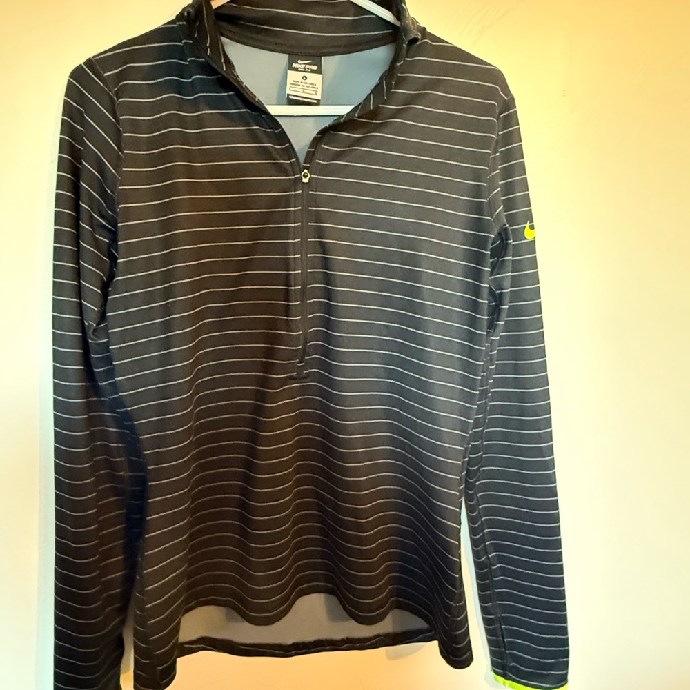 Nike Dri Fit top- Striped Black and Gray Quarter-Zip Pullover- Lg